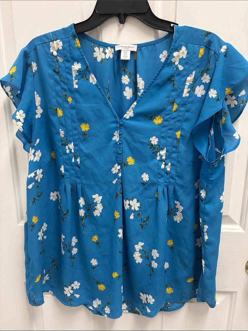 Carolina Belle Teal Blue Floral V-Neck Button Blouse